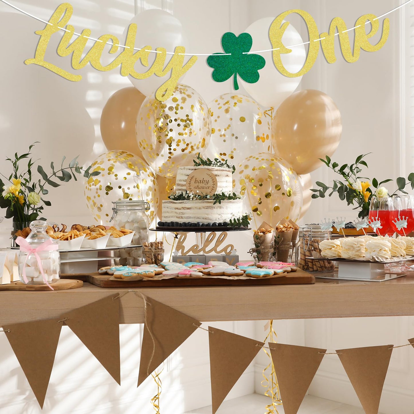 Lucky One Banner - Lucky Charm One Birthday Party Decor, St.Patrick's Day 1st Birthday Baby Shower Party Decoration Gold Glitter