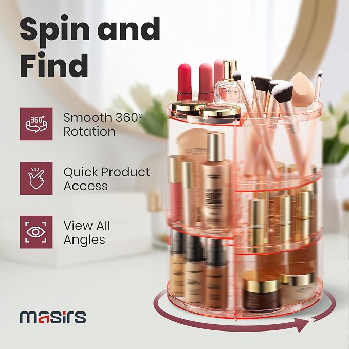 Masirs Rotating Makeup Organizer for Vanity, Large 360° Spinning Cosmetic & Skincare Organizer, Adjustable Shelf Height, Perfume Stand, Countertop Storage for Bathroom or Bedroom, Pink