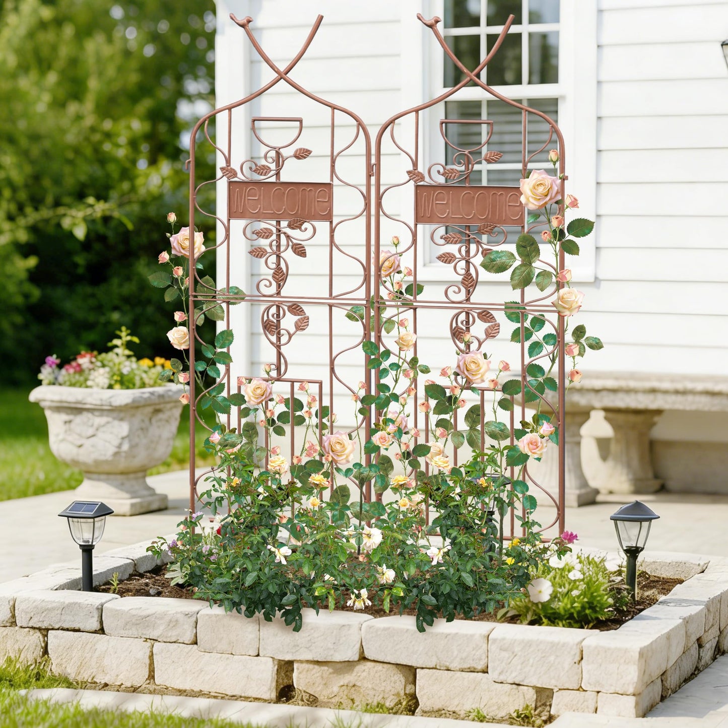 LZRS 2 Pack 59.5 * 18in Rustic Iron Arch Decoration Garden Trellis with Metal Coating – Perfect for Supporting Climbing Plants Outdoor, Roses, Vines, Flowers, and Vegetables, Brown