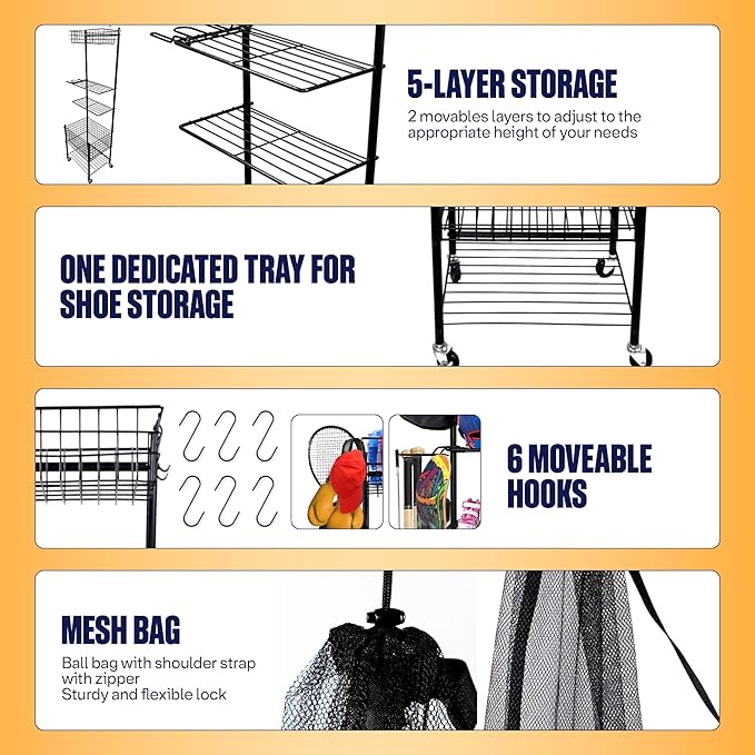 Garage Sports Equipment Organizer, Ball Storage Outdoor Toy Storage, 5 Layers Sports Outdoor Rack Nerf Gun Rack Basketball Rack for Balls with Holder and Hooks.