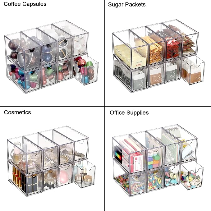 ELLDOO 8 Drawers Tea Bag Organizer, Clear Acrylic Stackable Tea Bag Storage Holder for Kitchen Pantry, Coffee Pod Snack Storage for Countertop Cabinet