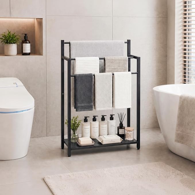 24.8" W Freestanding Towel Rack, 3 Tier Blanket Ladder Stand with Black Wooden Shelf for Bathroom Living Room