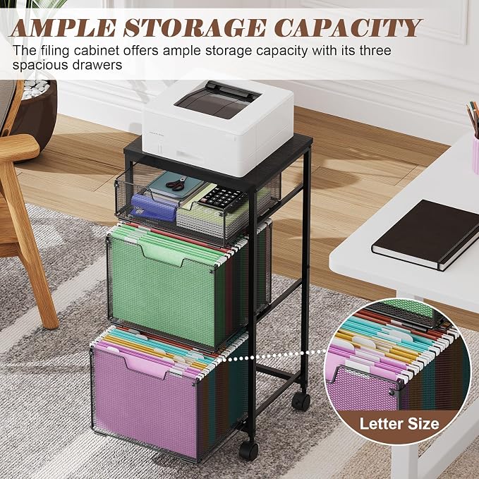 Sbanmao 3 Drawer Mobile File Cabinet for Home Office, Rolling Filing Cabinet on Lockable Wheels, Hanging File Folders Organizer, Utility Cart Storage and Organizer, Printer Stand, Black