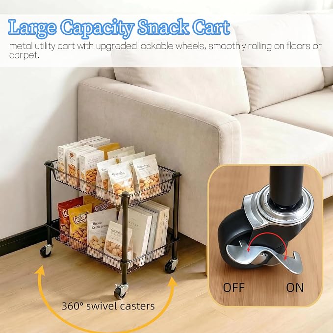 2 Tier Rolling Pantry Cart on Wheels Thick Metal Pantry Floor Organizer Small Utility Cart for Small Space, Fruit Vegetables Rack for Kitchen, Under Desk Storage Onion Potato Storage Basket, Black