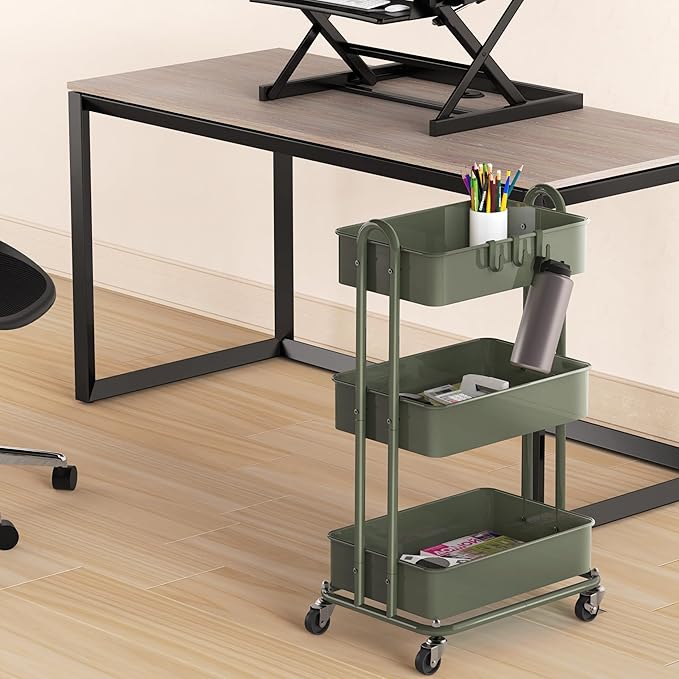 Simple Houseware 3-Tier Heavy Duty Metal Utility Rolling Cart, Army Green