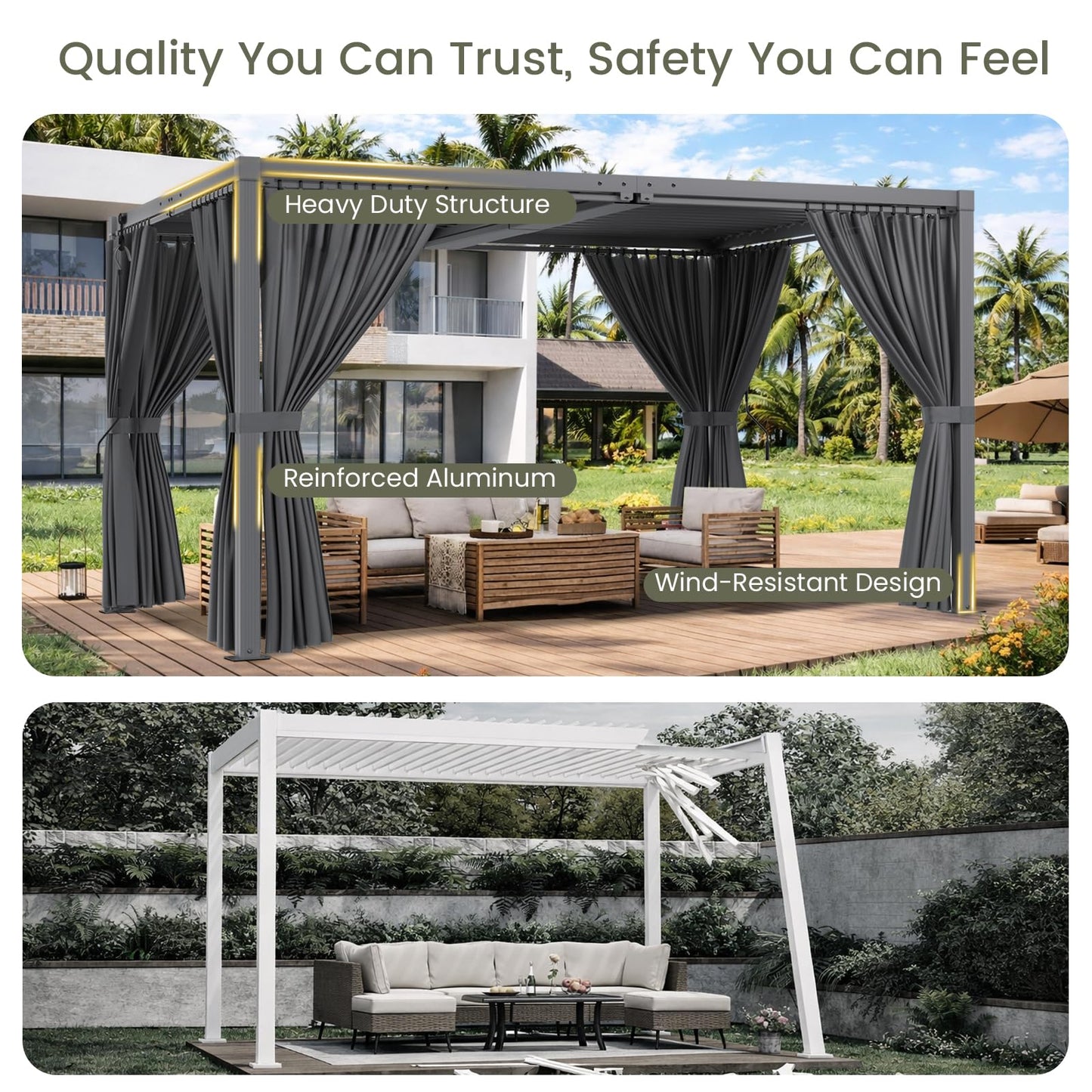 SAILARY Louvered Pergola 12' x 20' with Waterproof Curtains, Large Outdoor Aluminum Pergola with Reinforced Steel Roof, Heavy-Duty Hardtop Gazebo, Privacy Shaded Shelter, Grey