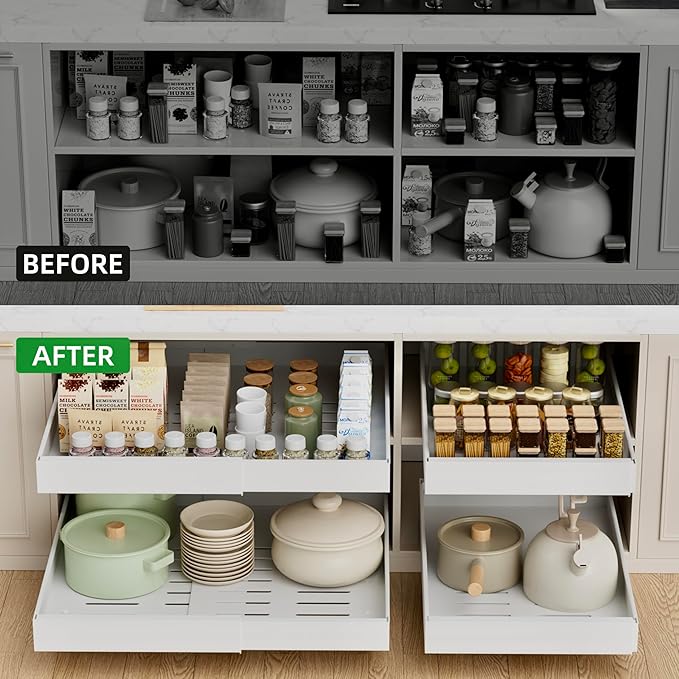 PAKETA 4 Pack Expandable Pull Out Cabinet Organizer, 21'' Deep Pull Out Drawers for Cabinets,Upgrade 3 Slide Rails Sliding Drawer for Kitchen Cabinet Organizer with Adhesive Nano Film (White)