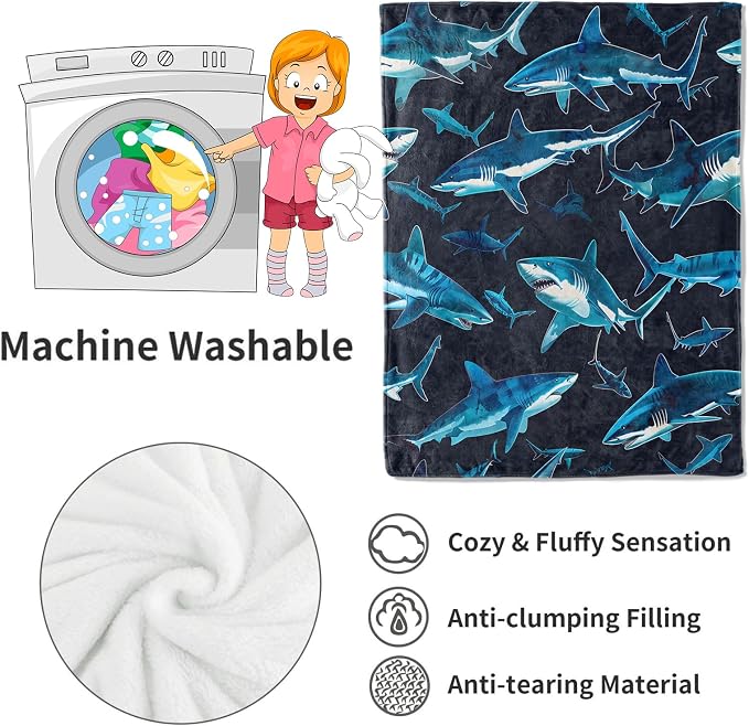 Blue Shark Blanket,Vibrant Deep Sea Sharks Throw Blankets,Gifts for Kids & Marine Life Lovers,Lightweight Soft Fleece,for Picnic Sofa Couch Bed Room Travel,Birthday Decor,50x60in