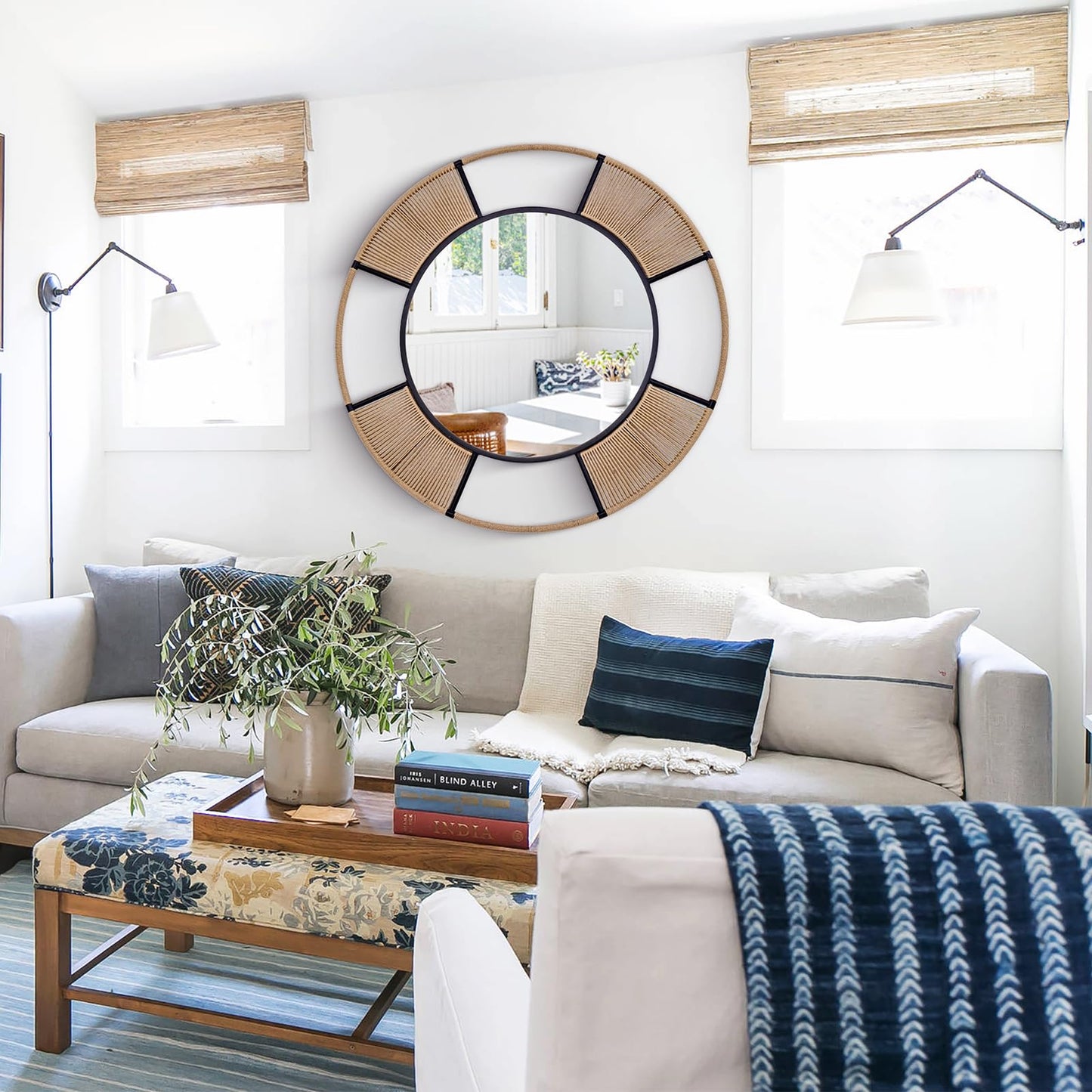 Autdot Large Boho Round Wall Mirror for Living Room, 42.5'' Coastal Circle Mirror with Detachable Rattan Frame, Rustic Circle Mirrors for Dining Room Bathroom Hallway Entrance