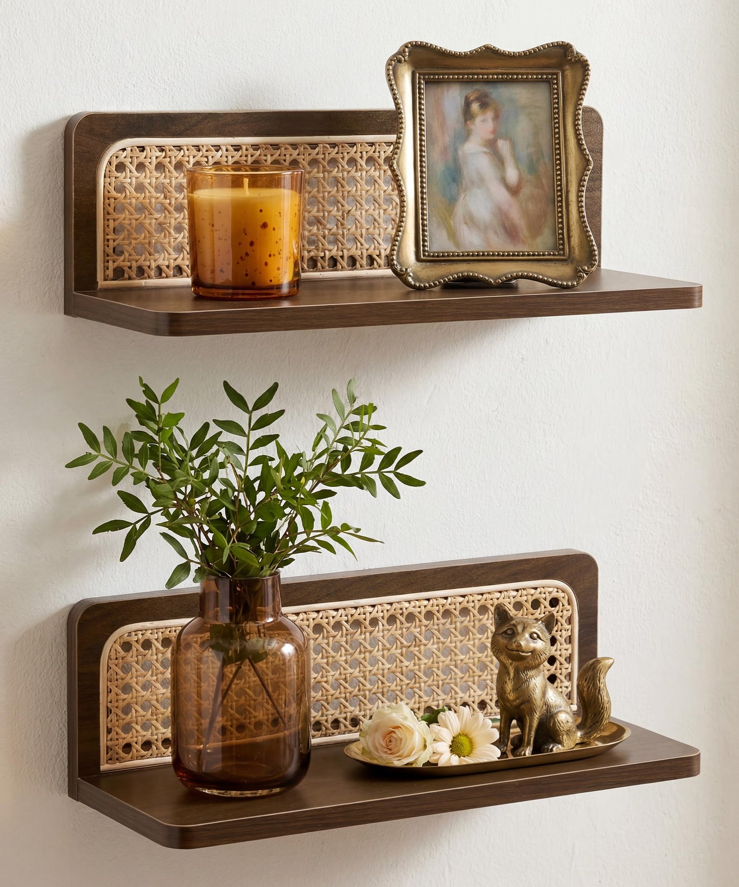 Mazjoaru Rattan Wall Shelf Mid Century Modern Decor Floating Shelves Walnut Boho Wall Decor Decorative Shelving Home Decor Living Room Bedroom Coffee Bar Bathroom Plant Photo 16inch
