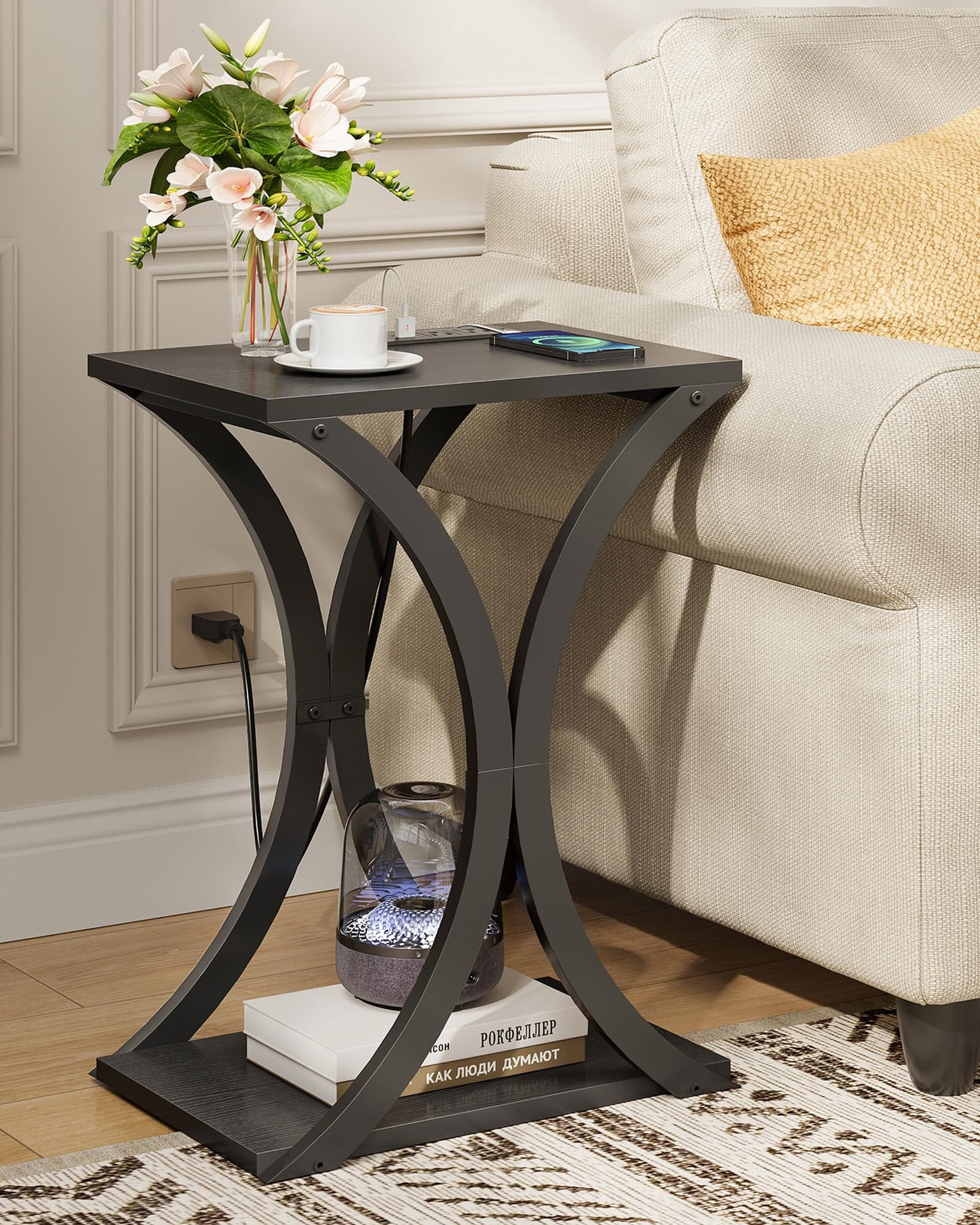 CHOEZON End Table with Charging Station, 2-Tier Modern Side Table, Nightstand with Storage Shelf, for Small Spaces, for Living Room, Bedroom, Black TBZ20UBB