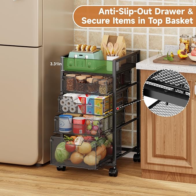 5-Tier Kitchen Utility Storage Cart with Adjustable Wood Top (Tabletop or Basket), Fruit Vegetable Storage Rack with Wheels & Drawers, Metal Rolling Pantry Cart, Kitchen Organizer for Snack Can Potato