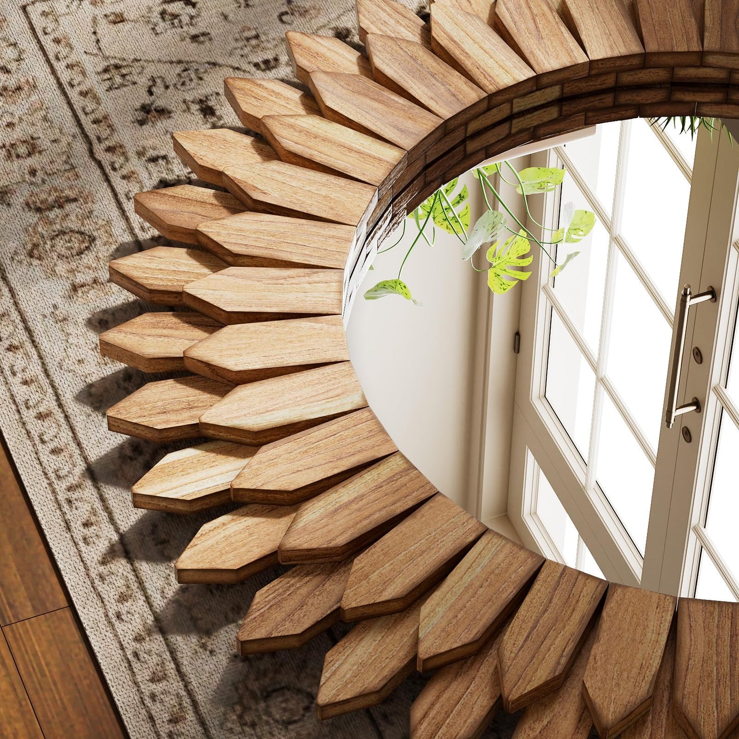 VETROVUE 24 Inch Brown Boho Wall Decor Sunburst Mirror - Round Wooden Wall Decor, Handmade Rustic Circular Mirror for Living Room, Bedroom, Entryway, Office