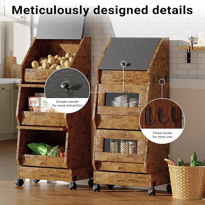 Potato and Onion Bin with Lid Movable Bread Box, Potato and Onion Storage with Wheels Black Movable, Vegetable Cabinet with 3 Tier Storage, Grocery Section Bread