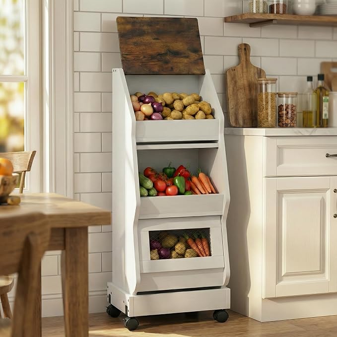 ARTETHYS Potato and Onion Storage Bin with Wheels Movable White Potato Box Holder for kitchen with Lid Onion Organizer with Grocery Section Decorative Vegetable Organization Cabinet