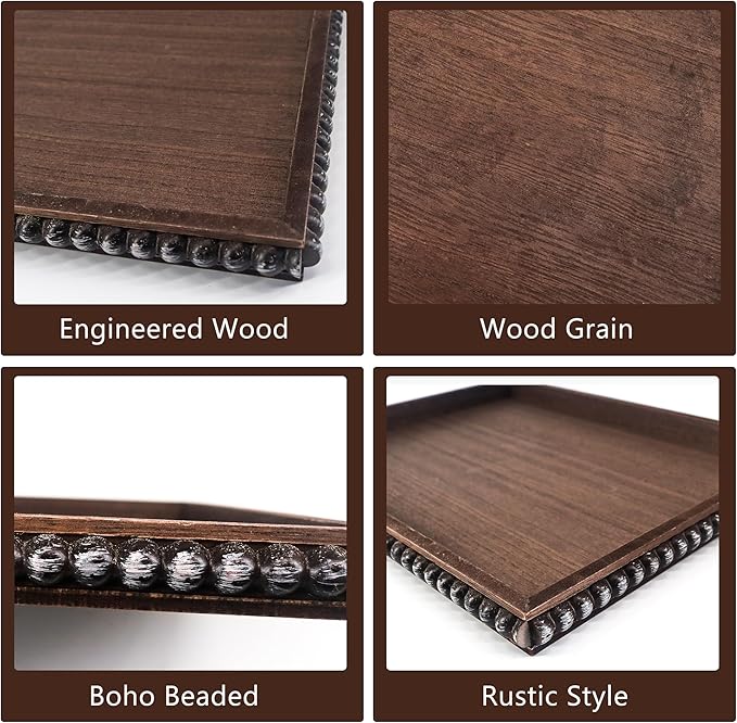 FramePro Decorative Tray 12x16 Rectangular Wood Beaded - Brown Serving Tray for Living Room, Coffee Table, Kitchen or Farmhouse Display