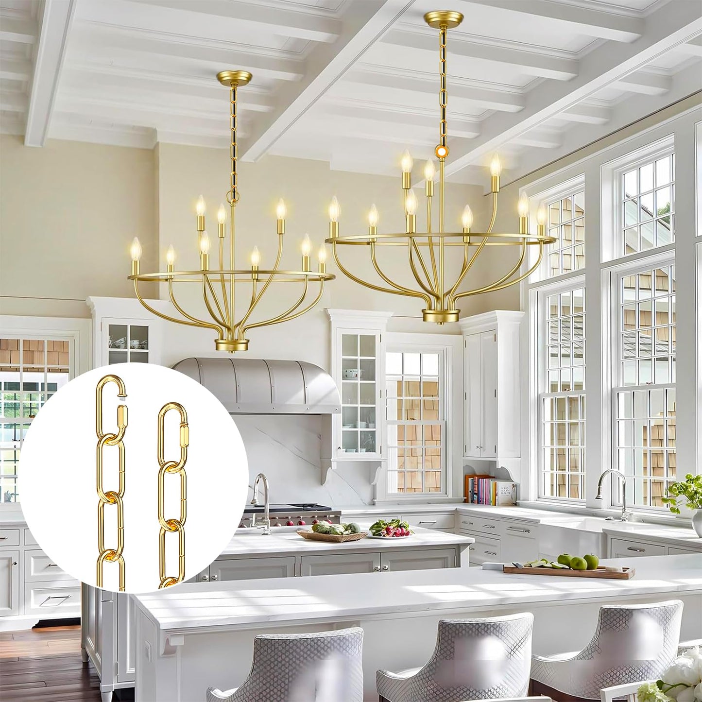 garini 3 Feet Gold Light Fixture Chain, Metal Pendant Chandelier Chain, with 2 Peice Detachable Link