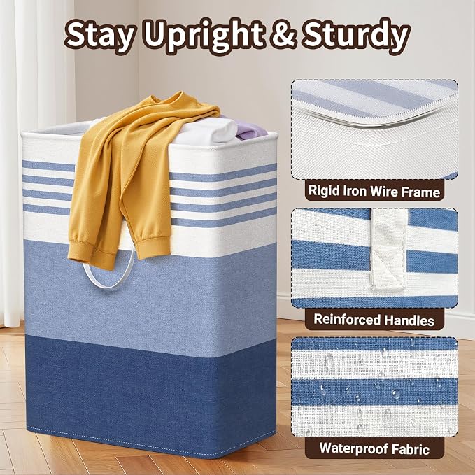 WOWBOX 2 Pack Laundry Baskets, Laundry Hampers, Freestanding Dirty Clothes Hampers with Reinforced Handles & Cross Stitch & Waterproof Coating, for Laundry Bedroom Bathroom Dorm,125L Blue