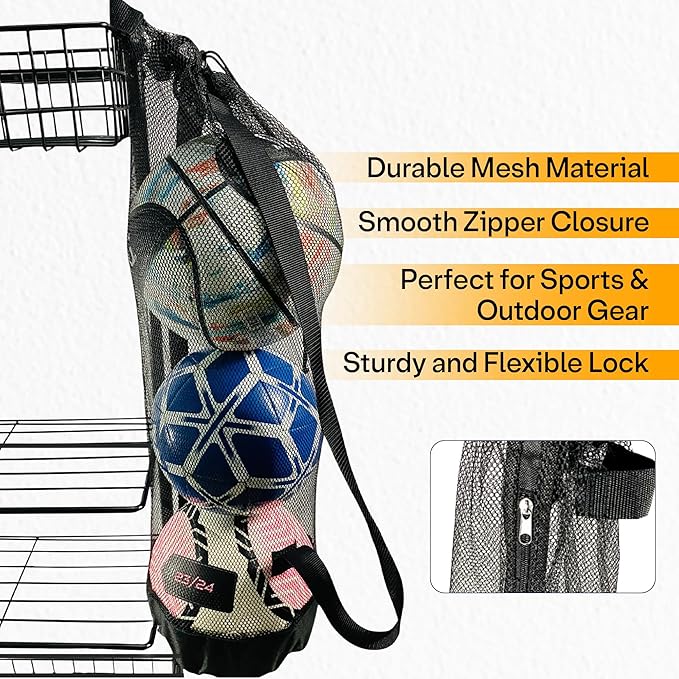Garage Sports Equipment Organizer, Ball Storage Outdoor Toy Storage, 5 Layers Sports Outdoor Rack Nerf Gun Rack Basketball Rack for Balls with Holder and Hooks.