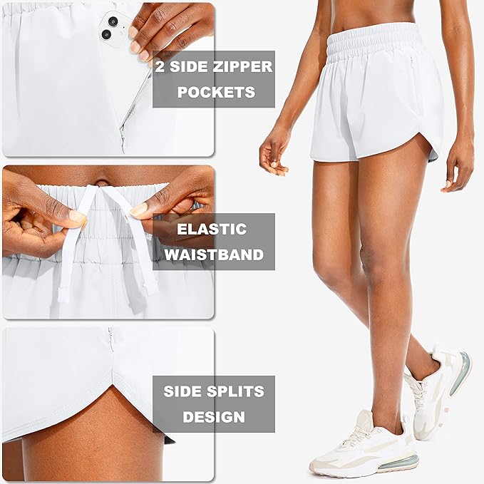 SANTINY Women's Running Shorts with Zip Pockets High Waisted Athletic Workout Gym Shorts for Women with Liner
