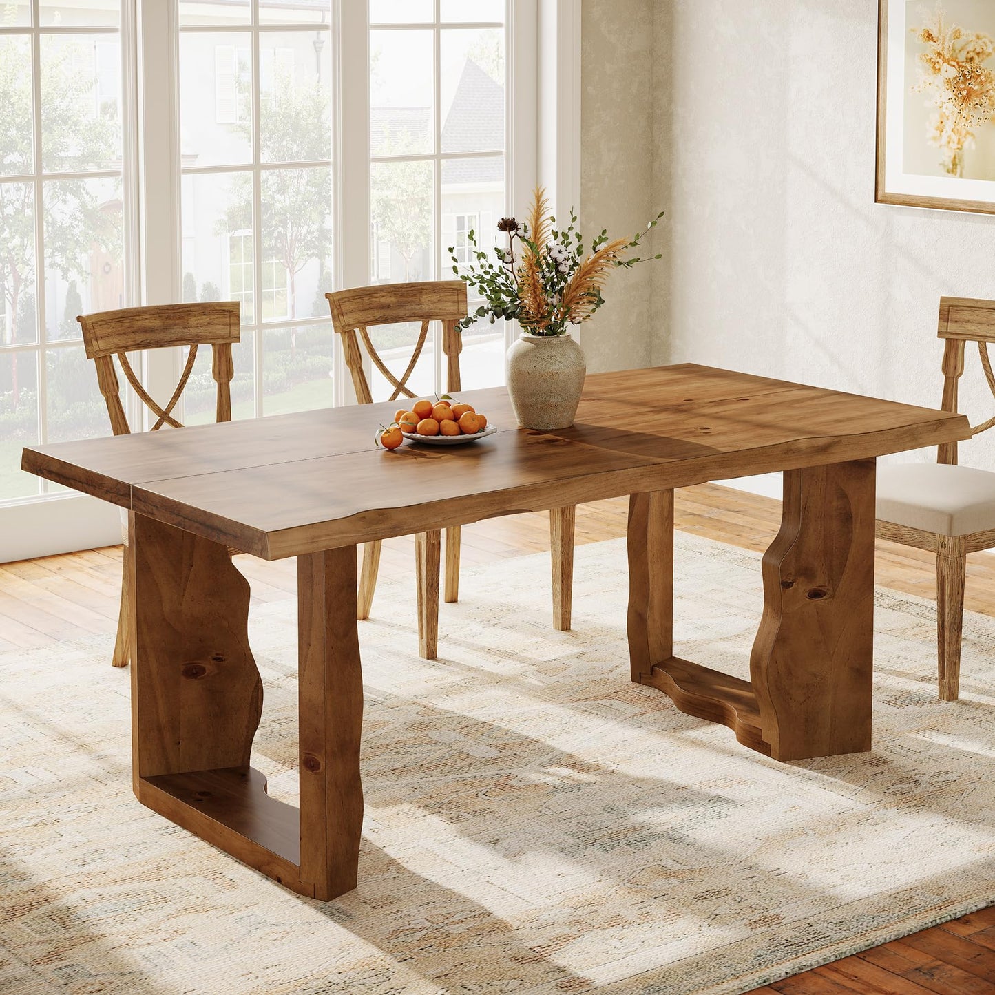 TRIBEWOOD 63" Live Edge Solid Wood Dining Table, Modern Rustic Kitchen Table with Sculptural Legs, 6-Person Rectangular Dinner Table for Dining Room, Kitchen,Natural Walnut Finish