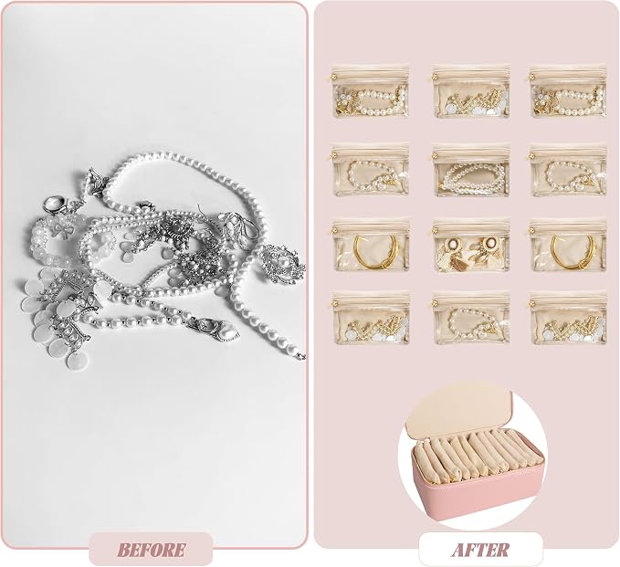 Travel Jewelry Case, Portable Jewelry Box with 6 Jewelry Bags,Travel Gift for Women Teen Girls (Pink 12 Pcs)