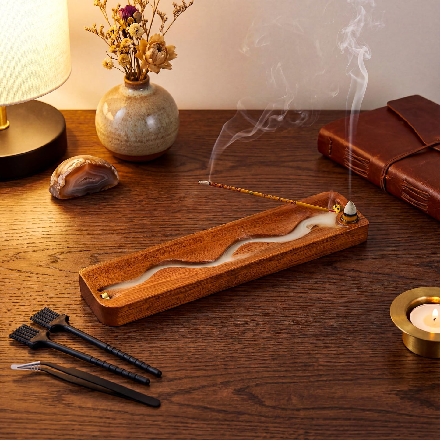 Zeckzoin 2 in 1 Wooden Incense Holder Sticks with Backflow Incense Cone Burner,Multi-Hole Fits All Thicknesses Sticks,for Meditation Yoga Home Gift