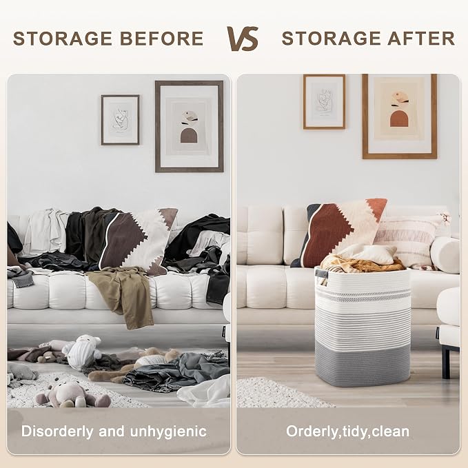 85L Tall Laundry Hamper with Handles for Living Room Storage, Extra Large Woven Rope Baskets Bin for Blanket, Kids Toy, Gifts, Wicker Hamper for Bedroom Dirty Clothes, 17"x14"x22" White Grey