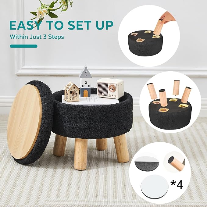 Small Foot Stool Ottoman with Storage, Sherpa Ottoman Foot Rest for Couch, Round Footstool with Storage, Small Ottomans and Footstools for Living Room and Entryway (Black)