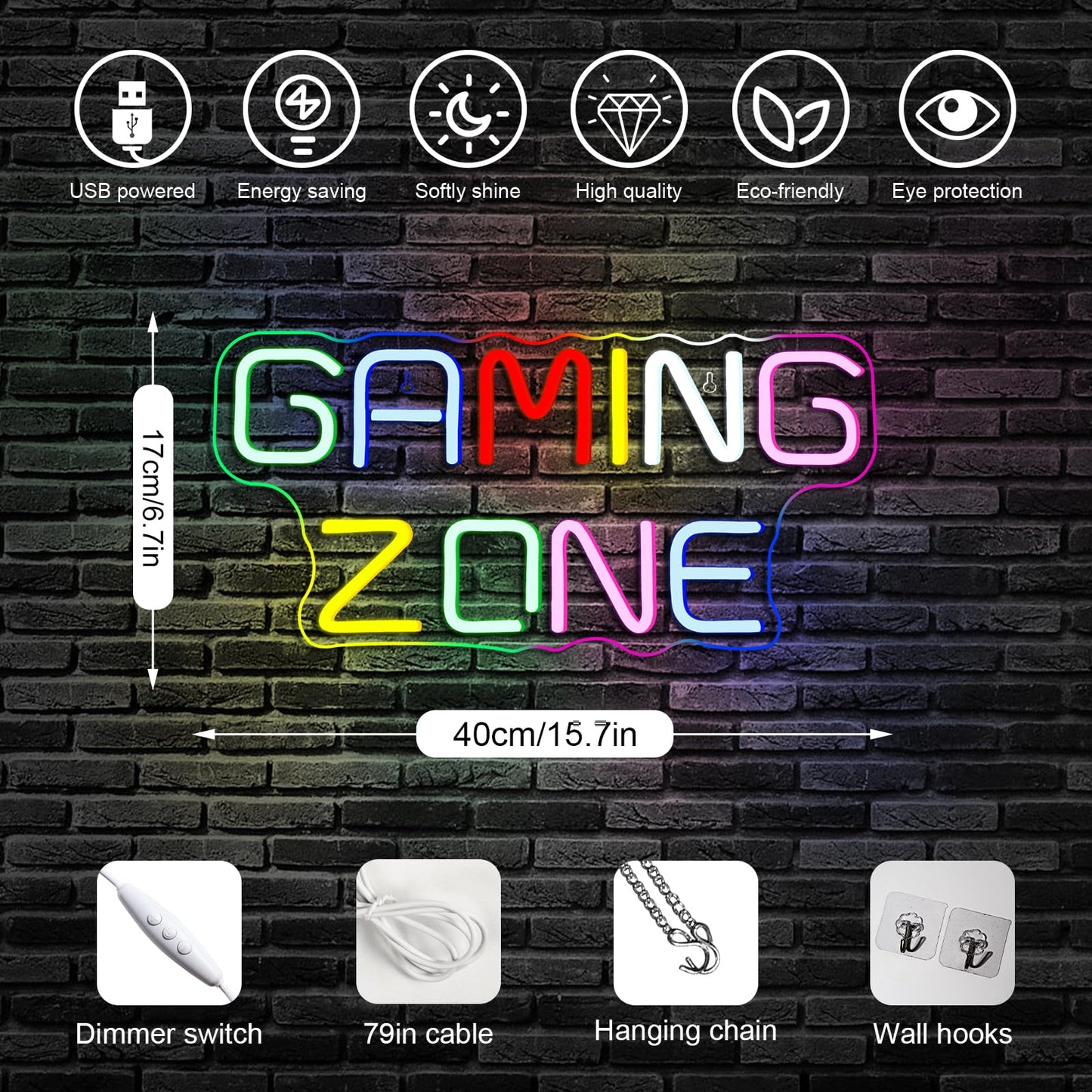 Horseneon Game Zone Neon Led Sign, Gaming Neon Signs for Wall Decor, Game Neon Lights Signs with USB Powered for Game Room, Game Zone, Bedroom, Gifts for Gamer (Multicolour)