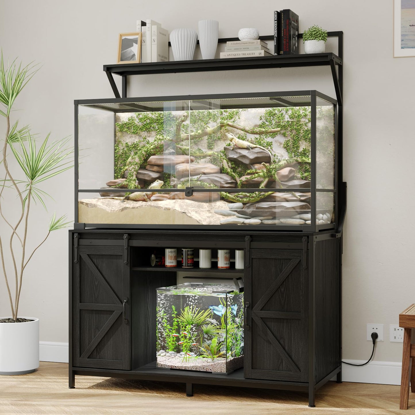 VOWNER Farmhouse Reptile Tank Stand with Power Outlet, 48" X 24" Tabletop Fits up 120 Gallon Bearded Dragon Tank, Heavy Duty Aquarium Stand with Storage Cabinet, Reptile Turtle Terrarium Stand Black