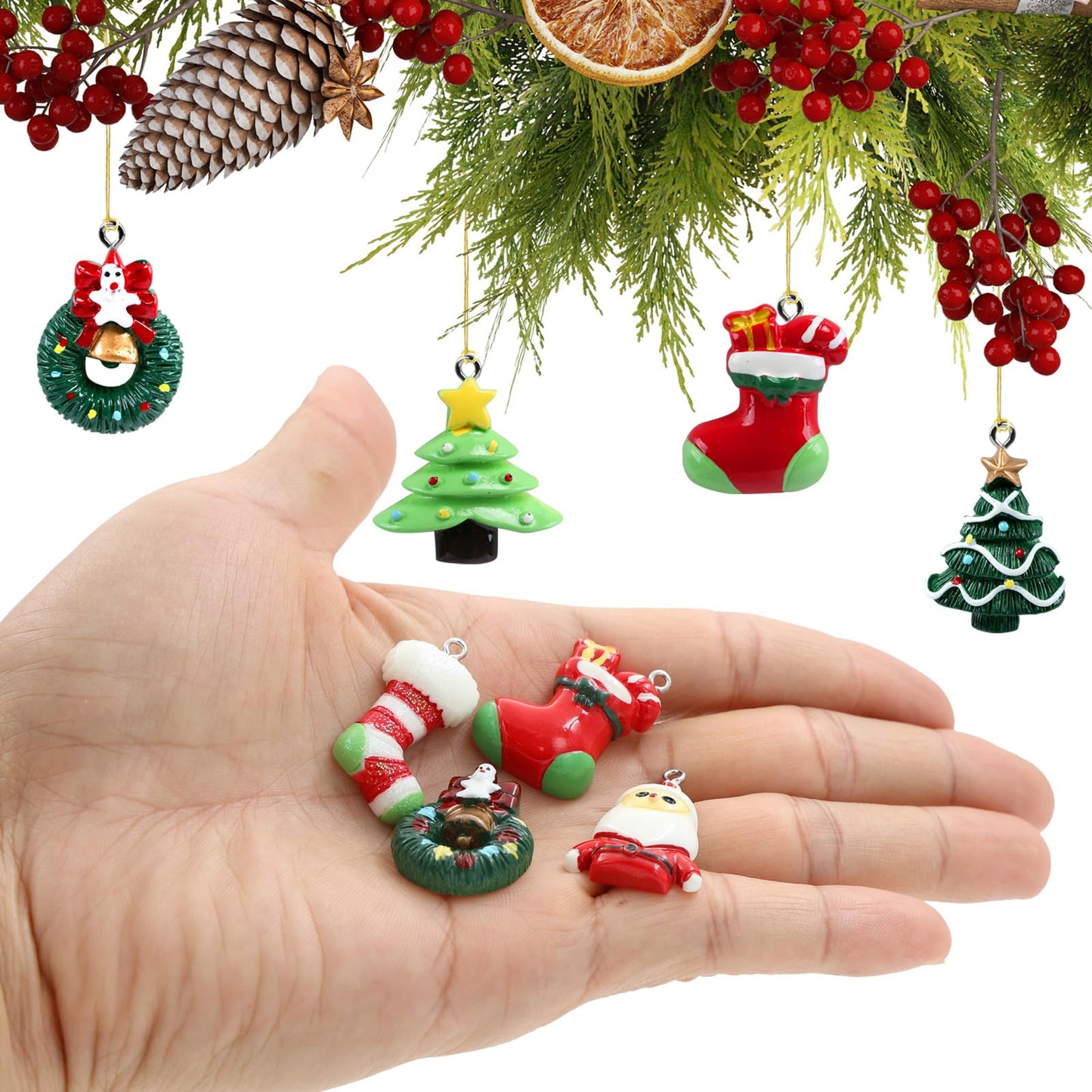 Naler 24PCS Mini Christmas Ornaments, Resin Design with Santa Claus, Snowman, Reindeer and More for Christmas Decoration