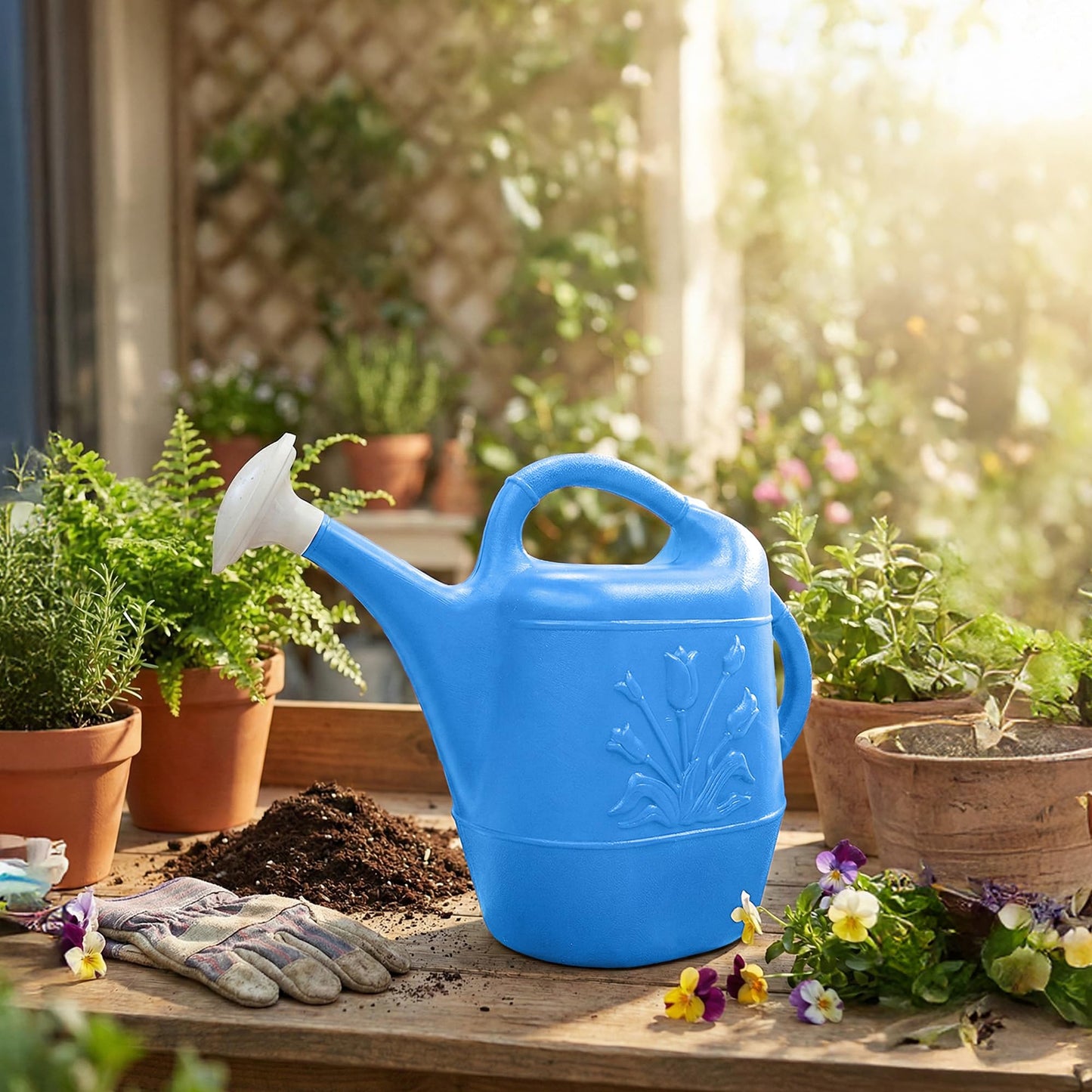 Union Products 63066 2 Gallon Plastic Indoor/Outdoor Watering Can w/ Tulip Design for Garden, Potted Plants, & Patio Pots, Caribbean Blue