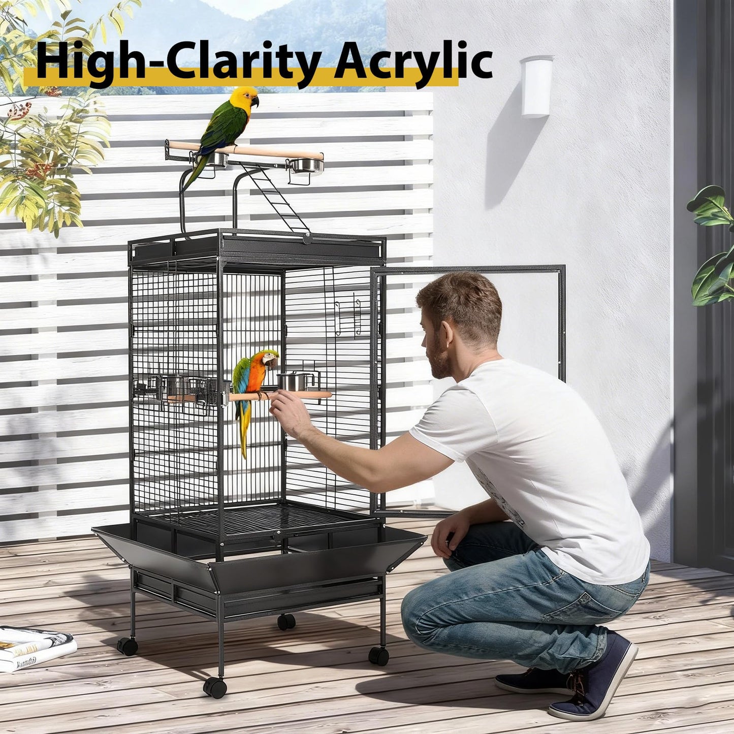 Large Vintage Wrought Iron Bird Cage - Rolling Stand, Stainless Bowls, Non-Toxic Coating, Flight Cage, Easy Clean,for Various Birds,65inch