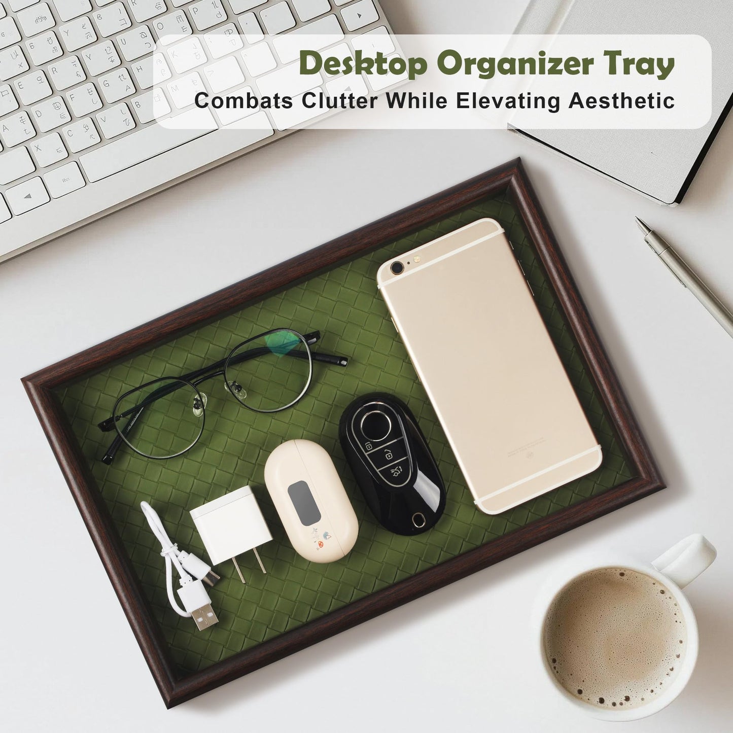 Zosenley Wooden Valet Tray with Leather Base - Nightstand Catchall Organizer for Cologne, Perfume, Keys, Wallet, Phone, Watch, Jewelry & Sunglasses (Green)