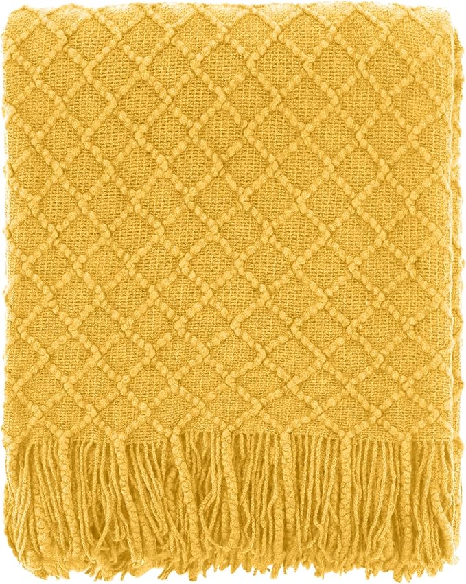 CREVENT Farmhouse Boho Knitted Throw Blanket for Couch Sofa Chair Bed Home Decoration, Soft Warm Cozy Light Weight for Spring Summer Fall (60''X80'' Mustard)