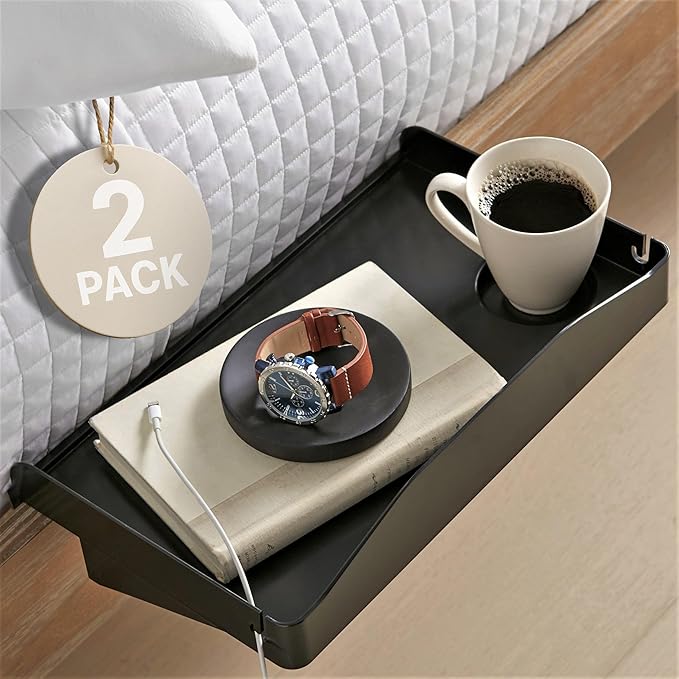 Modern Innovations 2 Count Bedside Organizer for Bed – Clip On Tray with Cup & Cord Holder – for College Dorm, Top Bunk, or Kids Bedroom (Black)