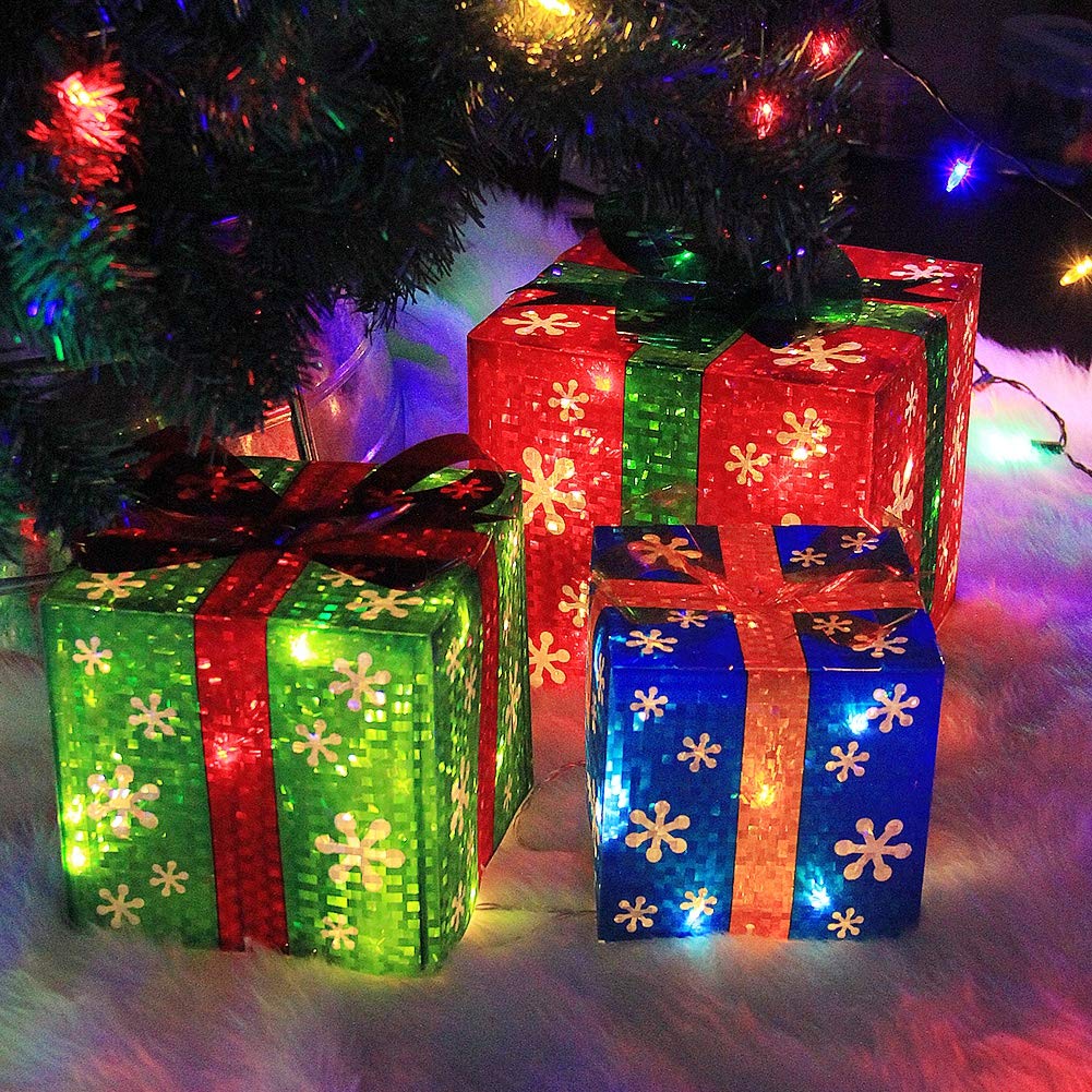 ATDAWN Set of 3 Lighted Gift Boxes Christmas Decorations, Red Green and Blue Present Boxes, Christmas Home Gift Box Décor