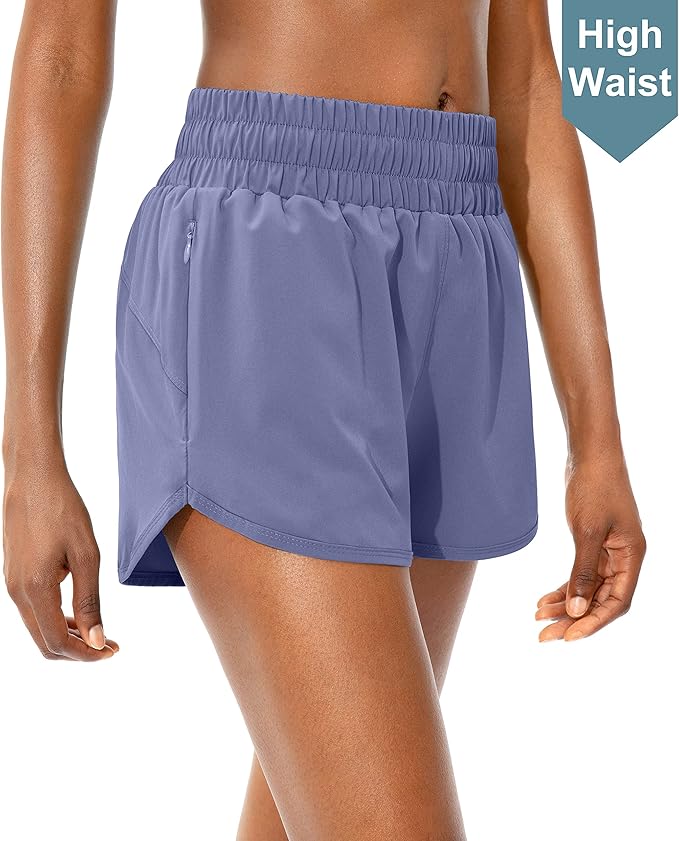 SANTINY Women's Running Shorts with Zip Pockets High Waisted Athletic Workout Gym Shorts for Women with Liner
