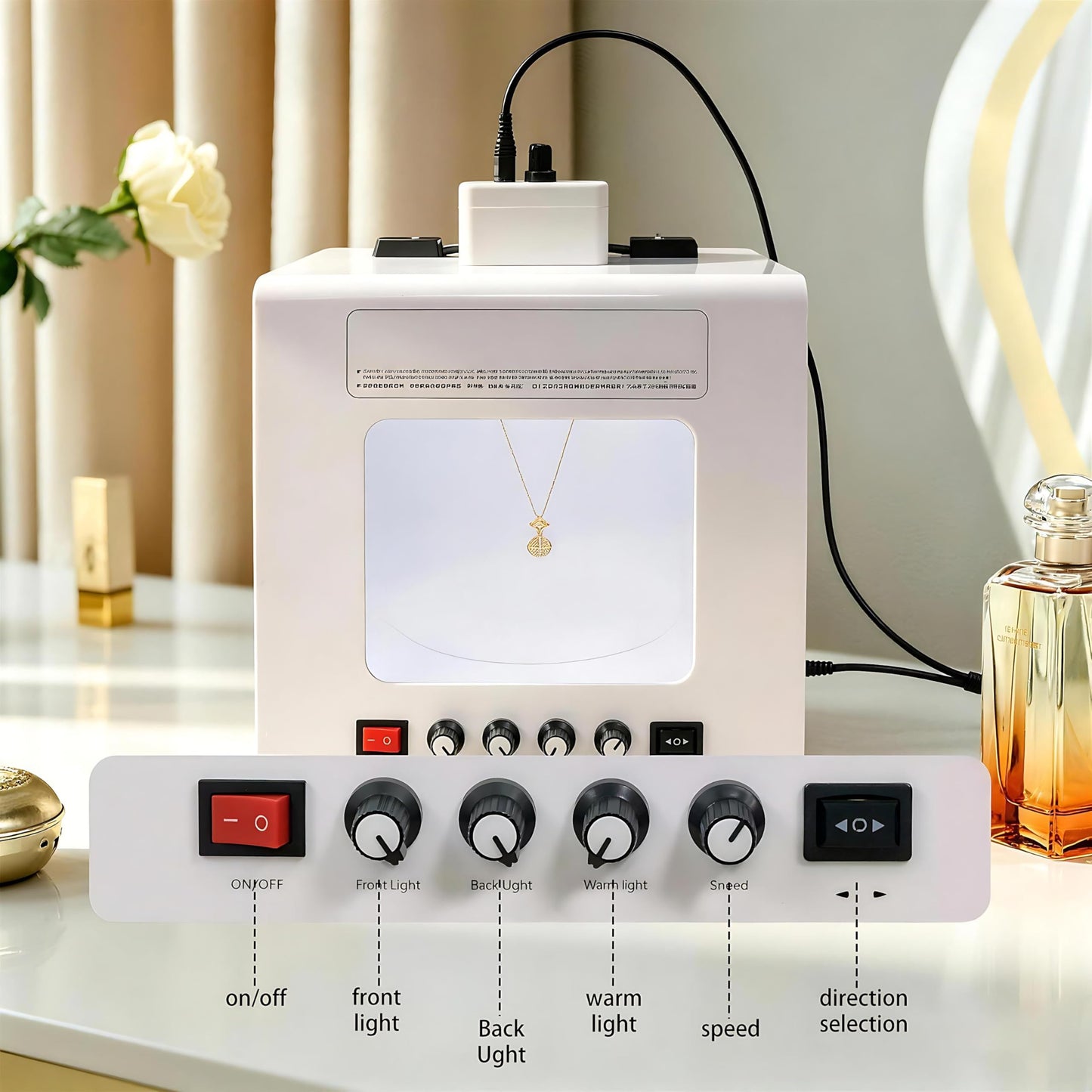 QIUNAOZI Professional Jewelry Photography Light Box Kit. Smart Photography Turntable, Turntable Diameter 11/15cm, 4pcs Fill Lights, Support Jewelry Hanging or Placing Black-TB20