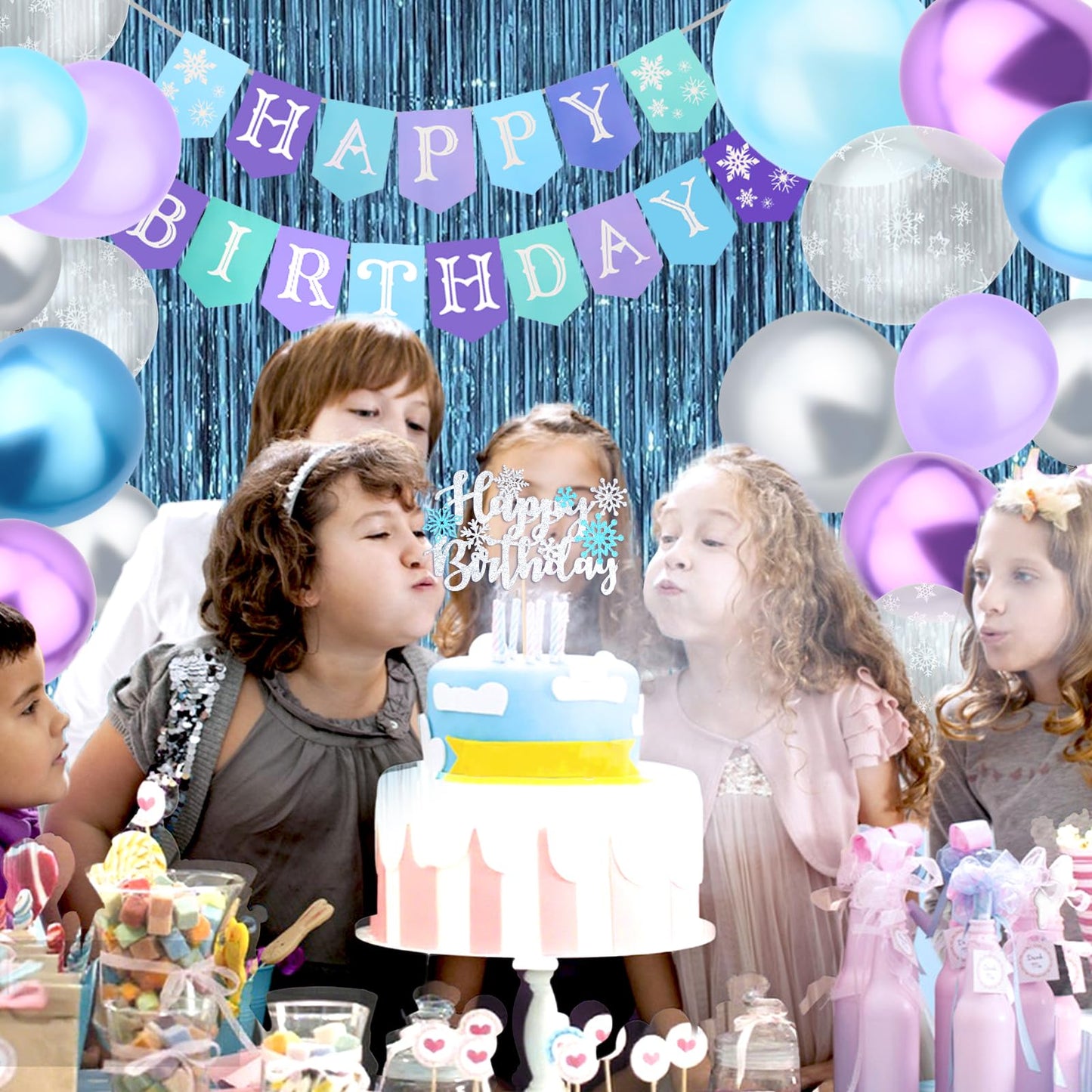 Jaciya Frozen Birthday Party Decorations Kit - Snowflake Balloons, Tablecloth, Backdrop, Cake Toppers & Happy Birthday Banner