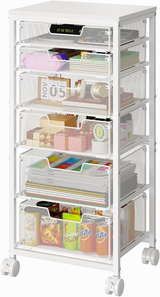 Sbanmao 6 Drawers Rolling Utility Cart, Rolling Storage Cart with Wooden Tabletop, Storage Drawer Cart on Lockable Wheels, Craft Cart for Bedroom, Classroom, Office, White