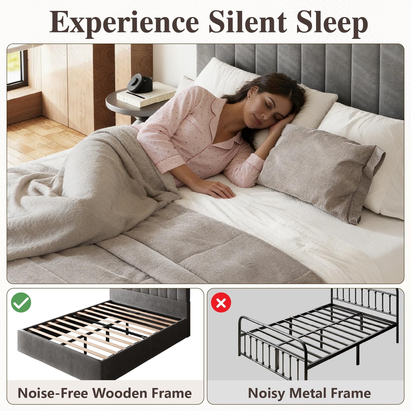Sismplly Queen Size Cloud Bed Frame with 47" Tall Headboard, Velvet Upholstered Platform Bed with Thickened Sides & Footboard, No Box Spring Needed, Easy Assembly, Dark Gray
