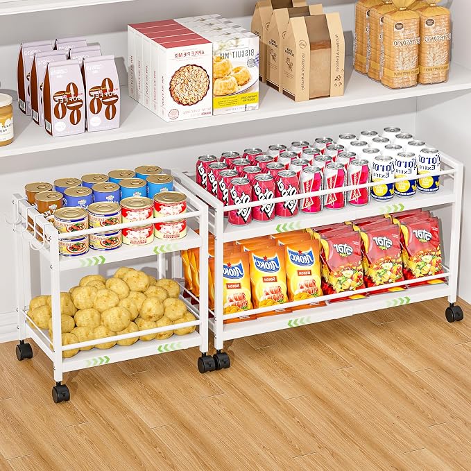 1 Pack 2-Tier Expandable Pantry Floor Organizer Cart, Rolling Pantry Storage Cart with Wheel, Adjustable Can Organizer for Kitchen Pantry, Pantry Shelves and Storage Rack for Snacks, Vegetables, White