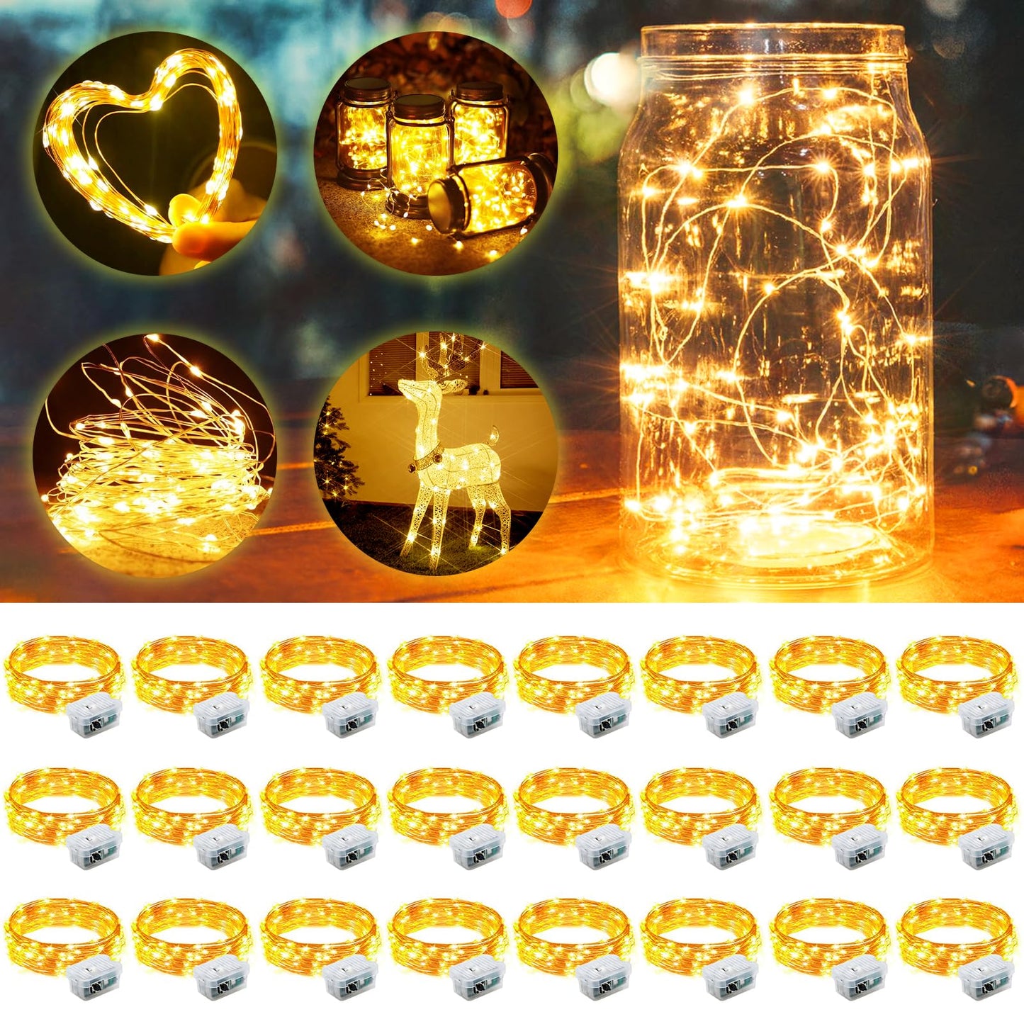 Aogist 24 Pack Fairy Lights 3 Modes 7ft 20 LED Waterproof,Battery Operated Silver Wire Firefly Starry Moon Mini String Lights for Mason Jars Christmas DIY Crafts Wedding Party Bedroom,Warm White