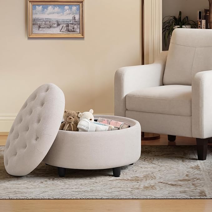 COLAMY Fabric Round Storage Ottoman with Reversible Tray Lid – Multi-Functional Footrest, Hidden Storage, Sturdy & Stylish Small Coffee Table for Living Room, Bedroom, or Entryway(Beige)