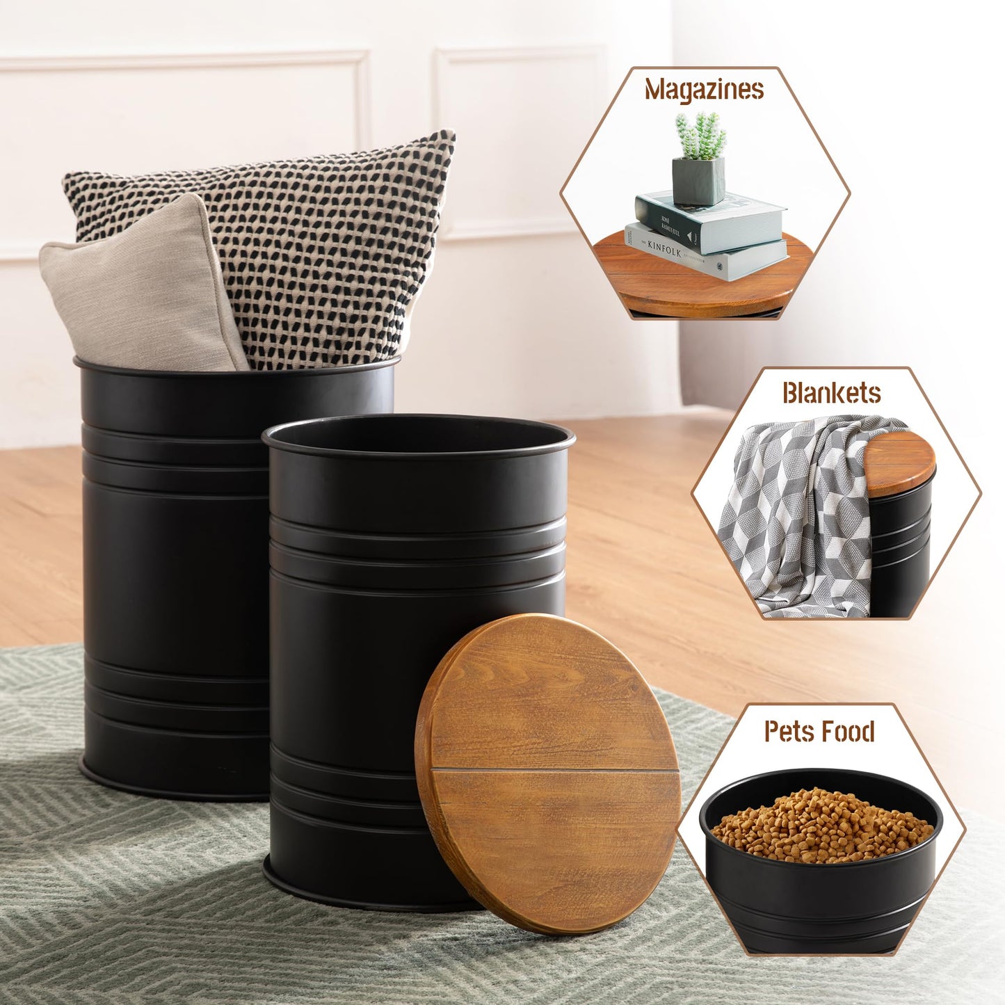 Glitzhome Nesting Tables for Living Room, Round Coffee Tables Set of 2, Metal Farmhouse Small Accent End Table with Storage and Lid for Bedroom Office Plant Stander, Black