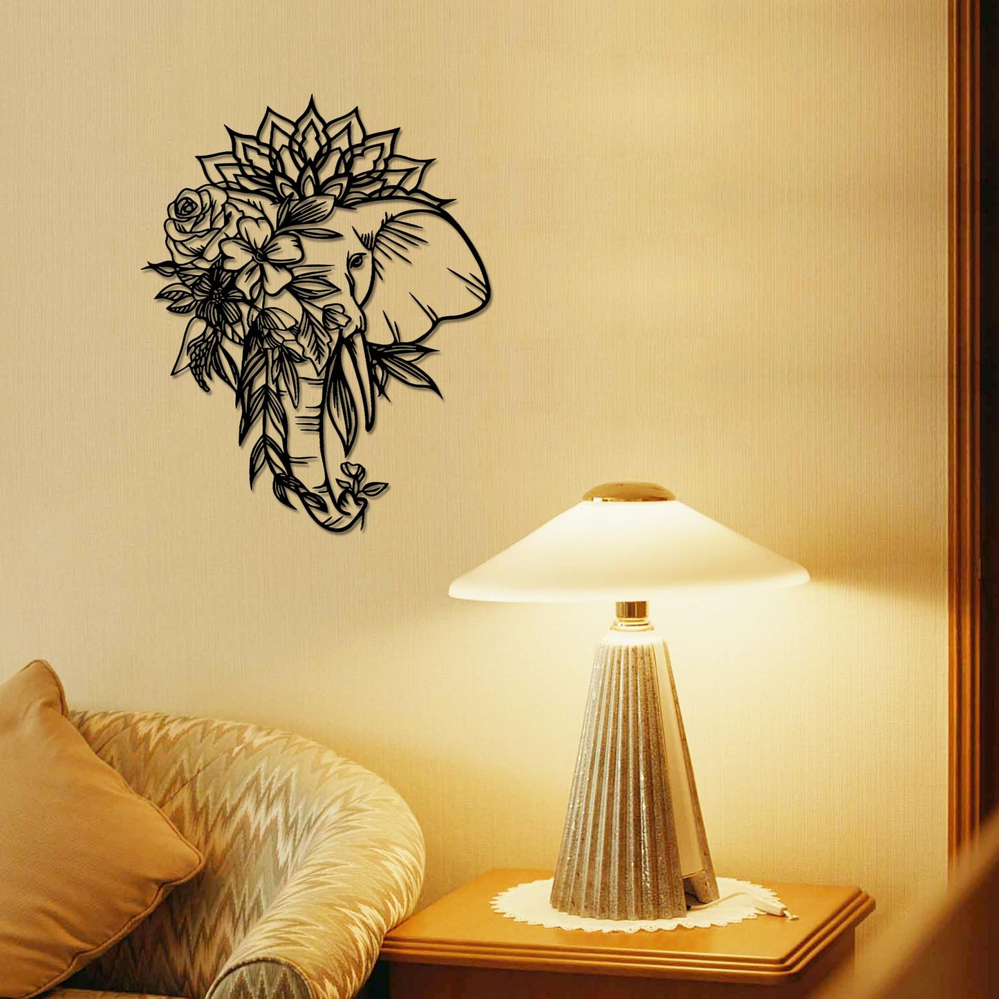 Rajukit Elephant with Lotus Metal Wall Art–Intricate Elephant Wall Decor–Indian-Inspired Hindu Decor for Living Room or Gifts