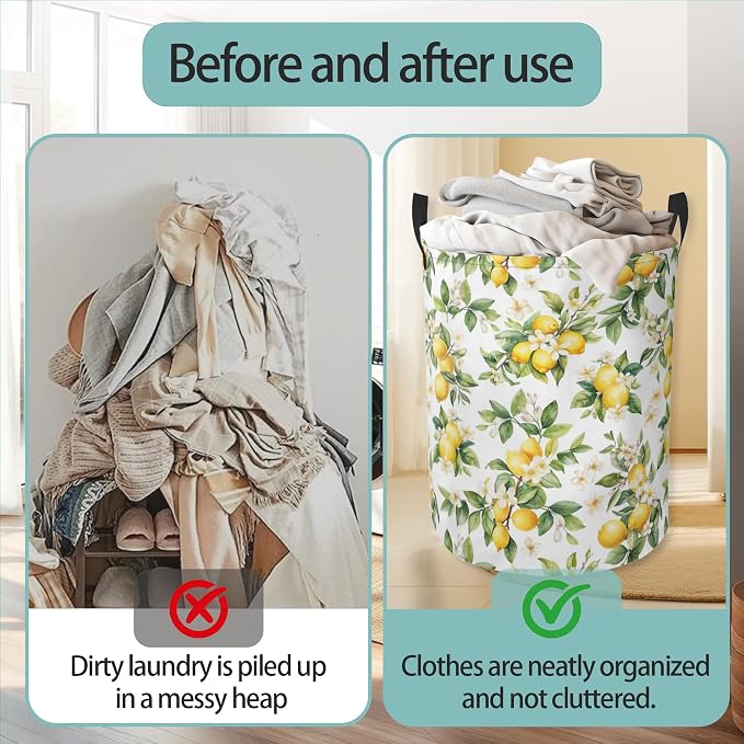 Laundry Basket With Handle, Dirty Clothes Laundry Hamper, Oxford Cloth Bin Storage Organizer for Toy Collection (Lemon Summer)