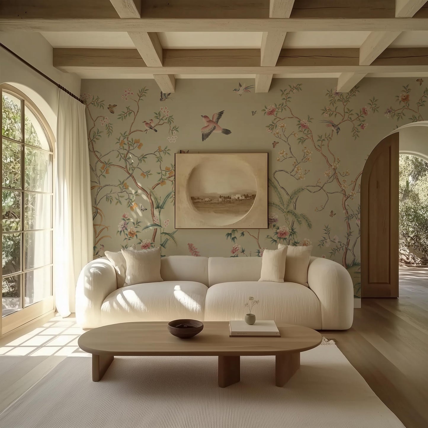 ARVOTONE Self-Adhesive Peel and Stick Wall Mural | Floral & Bird Design with Tropical Green Background | Removable Canvas Wallpaper for Living Room, Bedroom, Office (B, W114'' x H83'')
